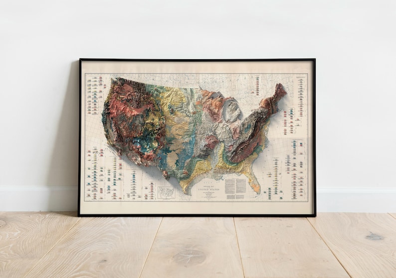 Mapa geológico antiguo de Estados Unidos: relieve sombreado, arte mural de estilo antiguo. imagen 8