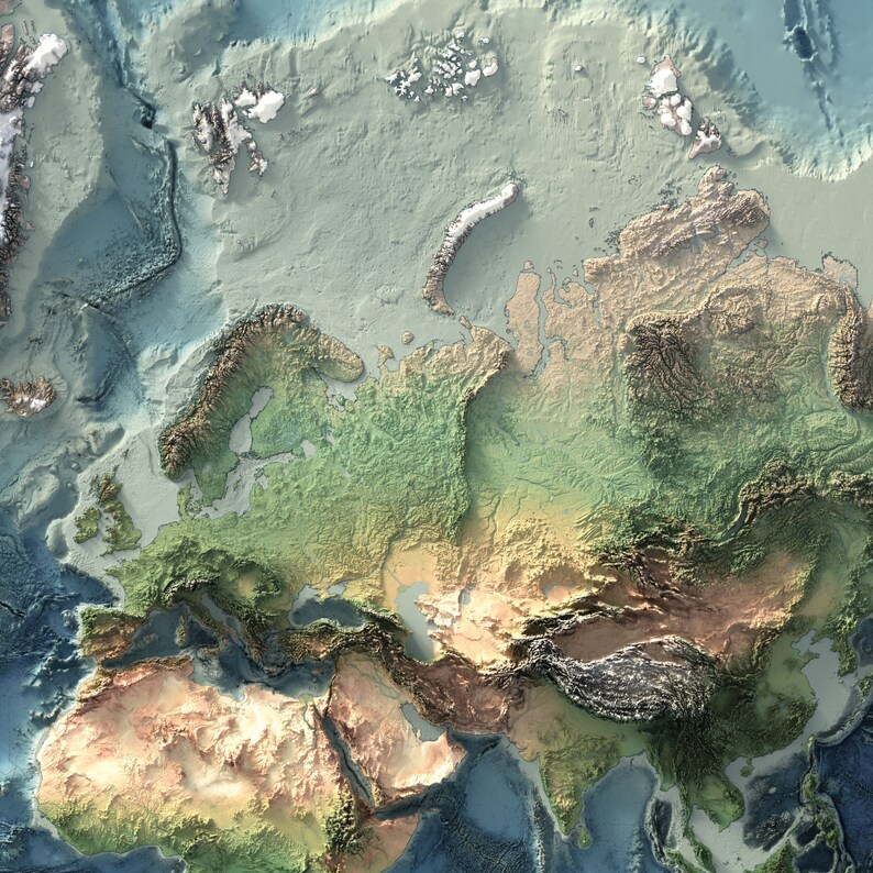 May include: A detailed topographic map of Europe and parts of Asia, showing the terrain in shades of green, brown, and blue. The map highlights the major mountain ranges, rivers, and coastlines of the region.