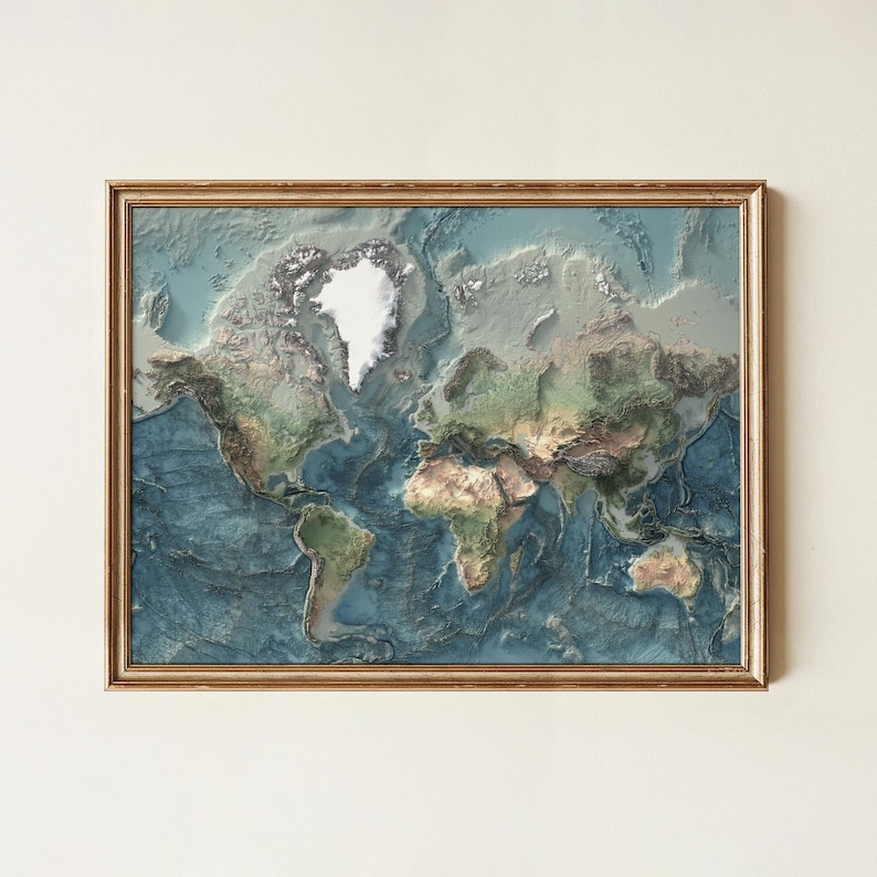 World Map: Natural Topography Wall Art Print with Realistic Relief and Ocean Detail image 1