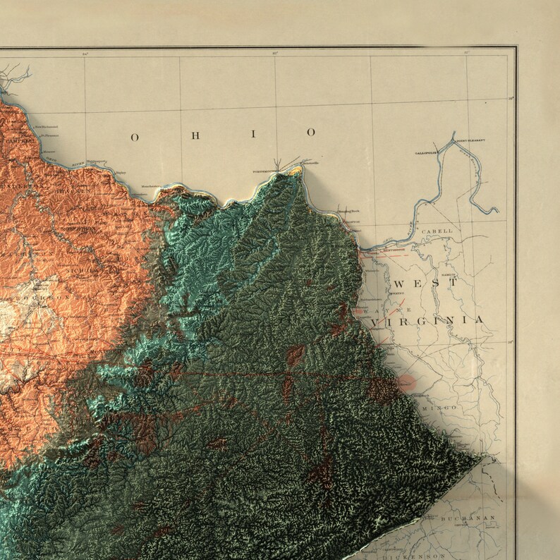 May include: A vintage map of West Virginia, showing the state's topography with shades of green and brown. The map is labeled "West Virginia" and "Ohio" in the upper right corner.