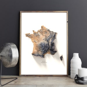 Mapa topográfico de Francia con colores: Arte mural geográfico moderno con alzado. imagen 3