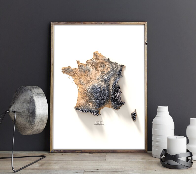Mapa topográfico de Francia con colores: Arte mural geográfico moderno con alzado. imagen 3