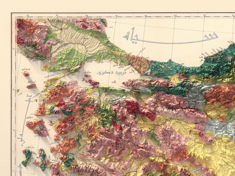 May include: A vintage map of a mountainous region with a coastline. The map is in shades of green, brown, and red, with some blue lines indicating rivers or streams. The map is labelled in Arabic script.