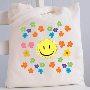 Smiley Face Tote Bag, Flower Power, Retro Smiley Face, Retro Flowers, Cotton Canvas Bag, Birthday Gifts
