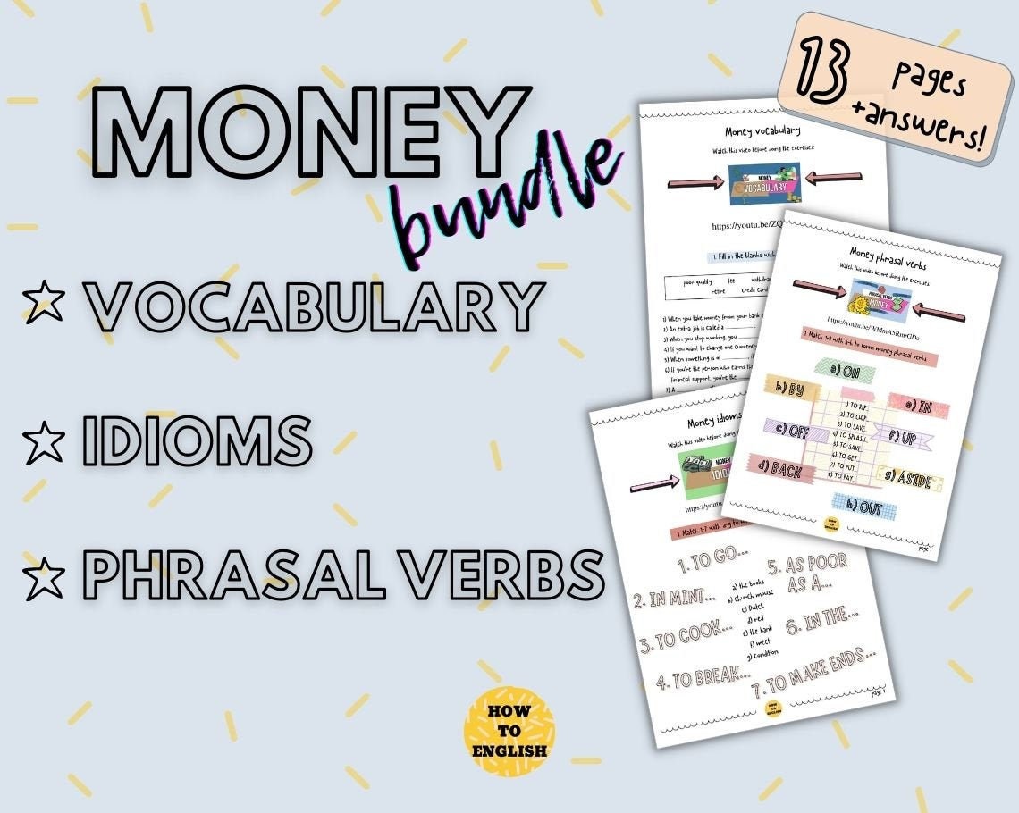 esl money bundle vocabulary idioms phrasal verbs etsy ireland