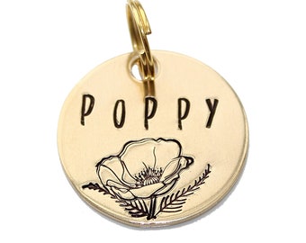 Poppy Floral Dog id Tag • Stamped Pet ID Tag • Pet ID Tag • Cat ID Tags • Hand stamped metal pet tags • Personalized Dog Tag