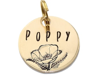 Poppy Floral Dog id Tag • Stamped Pet ID Tag • Pet ID Tag • Cat ID Tags • Hand stamped metal pet tags • Personalized Dog Tag