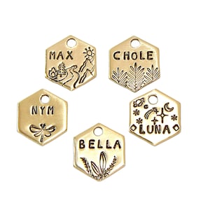 1/2 &quot;Mini Hexagon Katzenmarke • Kleine Hexagon Katzenmarke • Haustiermarke • Katzenmarke • Handgestempelte Haustiermarke aus Metall • Personalisierte kleine Hundemarke