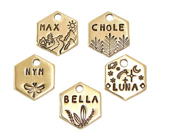 Hand Stamped Mini Hexagon Pet ID Tag • Personalized Cat & Dog Tag