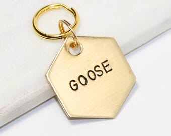 Hand Stamped Hexagon Dog ID Tag • Brass or Silver, Personalized