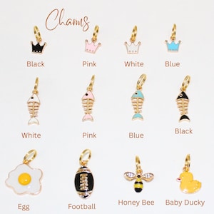 May include: A collection of gold-toned charms with various designs, including crowns, fish skeletons, an egg, a football, a honey bee, and a baby duck. Each charm has a colored enamel finish and a small loop for attachment. The word "Charms" is written in cursive at the top.