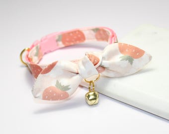 Strawberry Cat Collar & Bow: Breakaway Buckle, Jingle Bell, USA Made