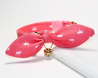 Princess Crown Cat Collar & Bow: Breakaway Buckle, Jingle Bell, USA Made