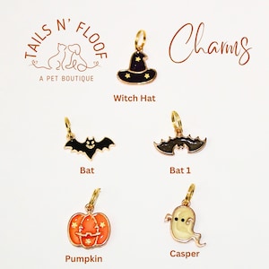 May include: A collection of Halloween-themed charms, including a witch hat, bats, a pumpkin, and a ghost. Each charm has a gold-colored loop for attachment. The charms are in black, orange, and white with gold accents. The text "Charms" is written in a cursive font.