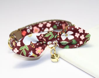 Rifle Paper Wild Rose Burgundy Cat Collar & Bow, Breakaway Buckle