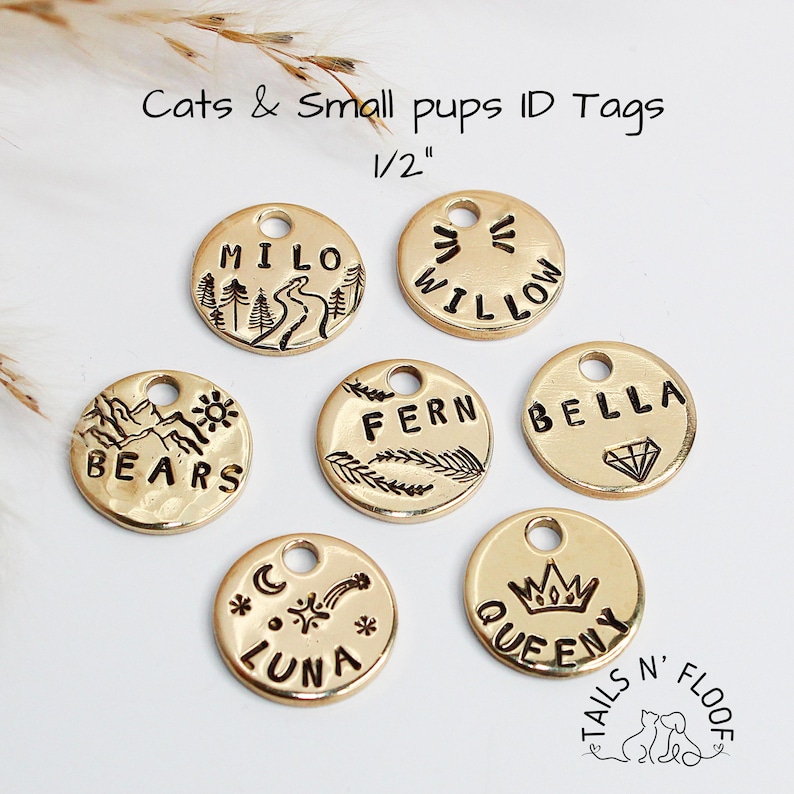 1/2" Mini Cat ID tag • Tiny Cat Id tag • Pet ID Tag • Cat ID Tags • Hand stamped metal pet tags • Personalized Cat Tag image 1