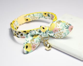 Floral Cat Collar with Bow Tie & Bell, Kitten Collar, Adjustable Safety Buckle