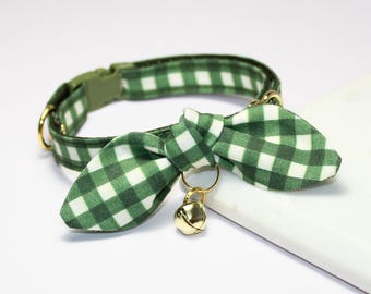 Arugula Plaid Cat Collar & Bow: Breakaway Buckle, Jingle Bell, USA Made