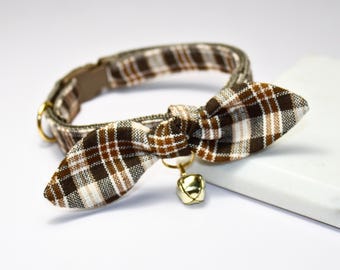 Chocolate Plaid Cat Collar with Bow and Bell: Breakaway Buckle