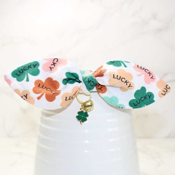 Lucky Clover Cat Collar Bow Tie • Cat Collar Gift • everyday Cat Collar • Kitten Collar • Adult Cat Collars • Small Pups Collar and Bow