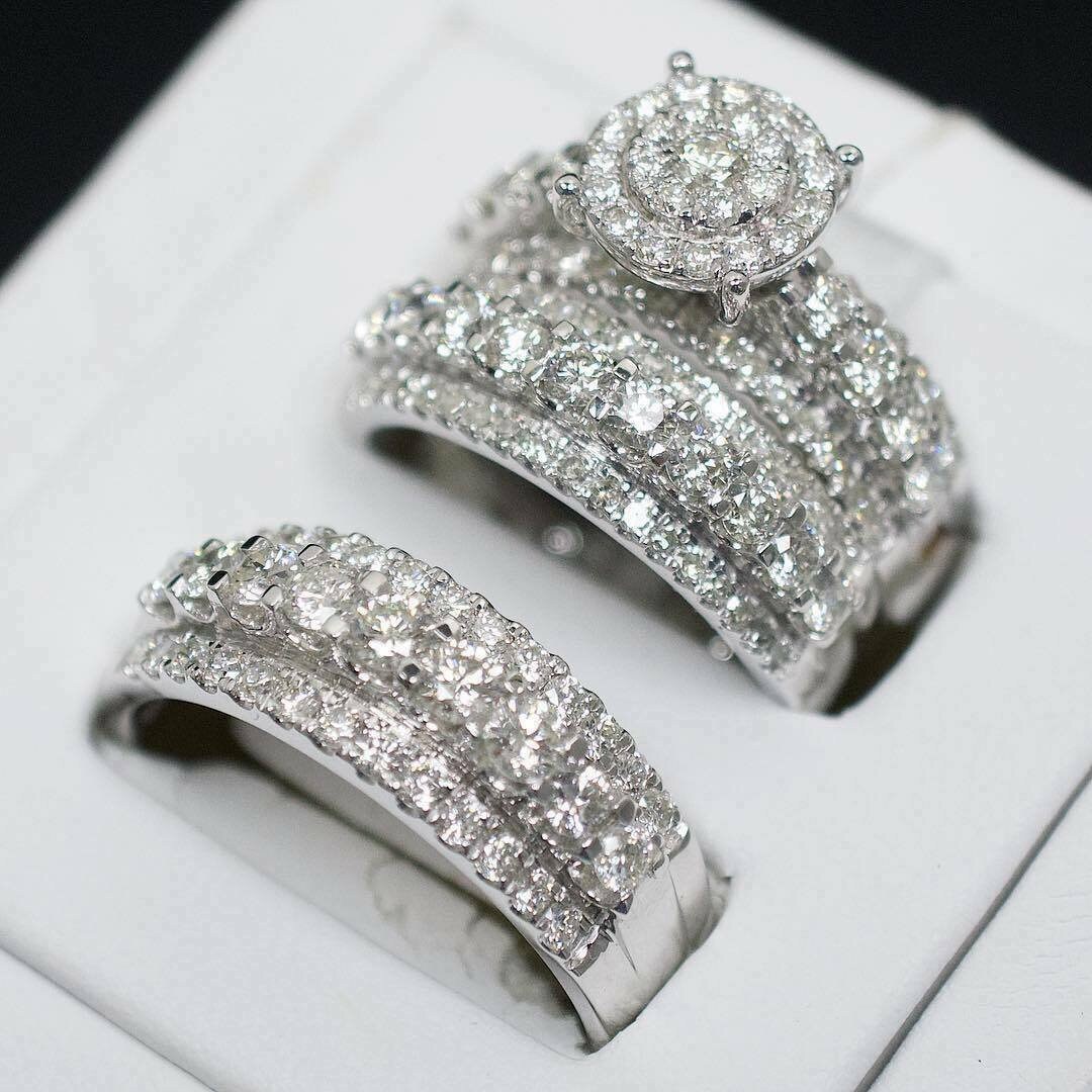 Diamond Trio Set His Her Matching Engagement Wedding Ring Bridal Trio