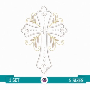 Può includere: Croce bianca con accenti floreali dorati. La croce è ornata e presenta un design dettagliato. Gli accenti floreali sono delicati e aggiungono un tocco di eleganza al design.