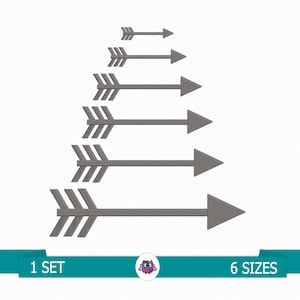 Pode incluir: Conjunto de seis desenhos de bordado de flechas cinzas em vários tamanhos. As flechas estão dispostas em uma linha vertical, com a menor flecha no topo e a maior flecha na parte inferior.