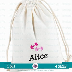 May include: A white drawstring bag with pink dumbbells and the name "Alice" embroidered on it. The bag is made of cotton and has a drawstring closure. The bag is perfect for carrying small items, such as gym clothes or accessories.