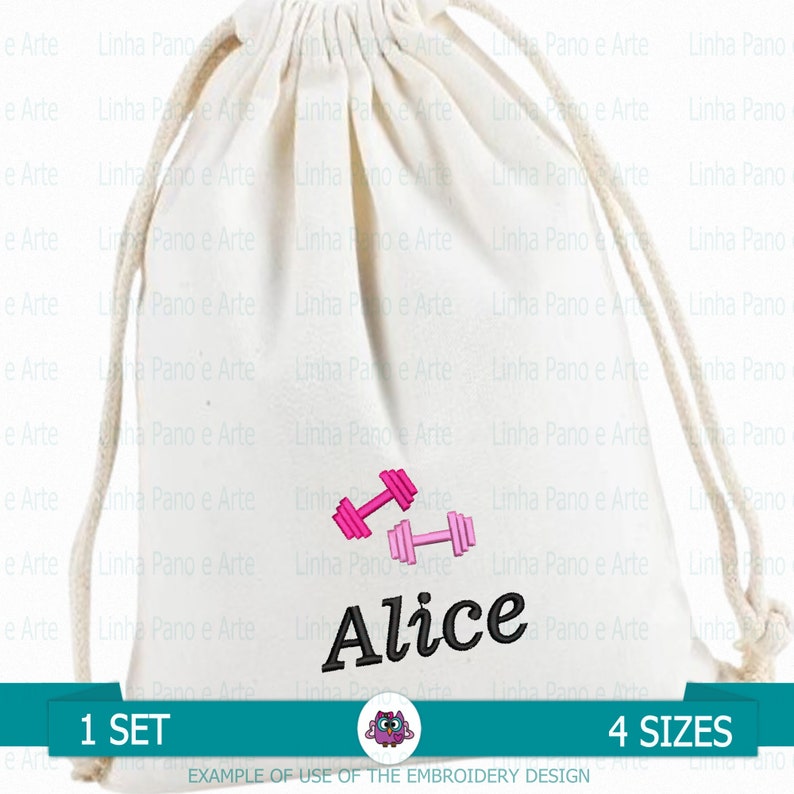 May include: A white drawstring bag with pink dumbbells and the name "Alice" embroidered on it. The bag is made of cotton and has a drawstring closure. The bag is perfect for carrying small items, such as gym clothes or accessories.