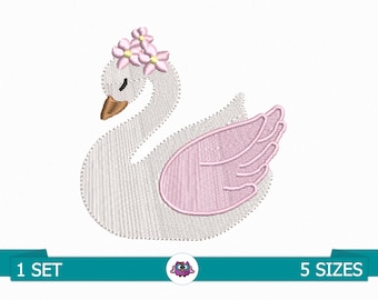 Swan with flowers - Digital embroidery design - Swan embroidery - Children&#39;s embroidery - Summer embroidery - Baby embroidery - Bird 5 sizes