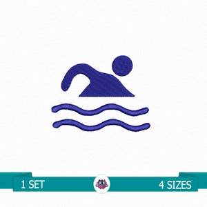 May include: Blue swimming icon with a person swimming in waves.  1 SET, 4 SIZES.