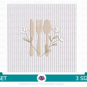 May include: Embroidered design of a fork, knife, and spoon with white flowers on a striped background. The design is available in three sizes.