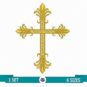 May include: A gold cross with ornate details, featuring a fleur-de-lis design at the top and bottom. The cross is outlined with a row of small circles.  1 SET 6 SIZES