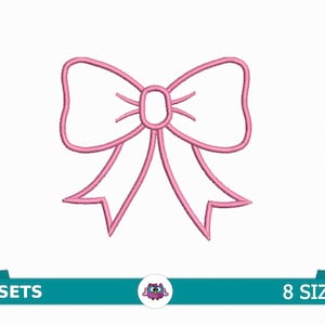 May include: Pink outline of a bow with a simple design. The bow is a common symbol of femininity and is often used in crafts and decorations.