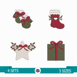 May include: Four sets of Christmas embroidery designs in three sizes. The designs include a stocking, a star with holly, a gift box, and a pair of mittens.