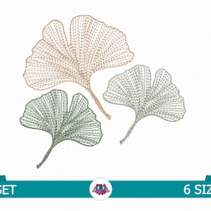 May include: Three stylised ginkgo leaves in green and brown, outlined with a dotted stitch. The leaves are arranged in a cluster, with the largest leaf at the top and the two smaller leaves below. The image is set against a white background.