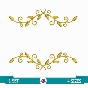Pode incluir: Um conjunto de dois desenhos de bordado dourado que representam uma videira com folhas e espirais. Os desenhos são perfeitos para adicionar um toque de elegância a qualquer projeto.