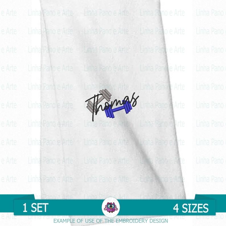 May include: White fabric with the name "Thomas" embroidered in blue cursive script with a gray dumbbell graphic.