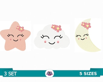 STAR MOON CLOUD 002 - Digital Embroidery Design for Embroidery Machine (instant download: 5 sizes 3 sets)