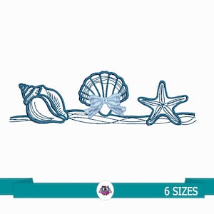 Coastal Coquette Seashell Trio Embroidery Design | Seashell, Conch Shell & Starfish with Bow | Beach Machine Embroidery File
