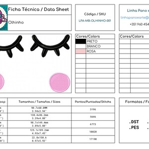 May include: A technical data sheet for an embroidery design of an eye with eyelashes. The design is available in black, white, and pink. The sheet includes information about the design's size, stitch count, and file formats.