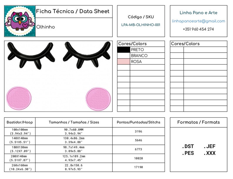 May include: A technical data sheet for an embroidery design of an eye with eyelashes. The design is available in black, white, and pink. The sheet includes information about the design's size, stitch count, and file formats.
