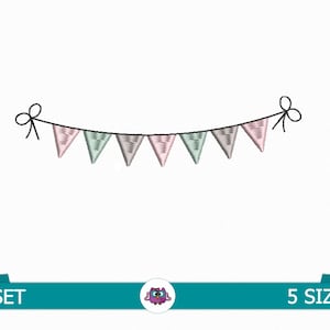 May include: A simple black line drawing of a bunting with pink and green triangular flags. The bunting has bows on each end.