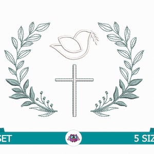 Könnte beinhalten: Eine weiße Taube mit einem Olivenzweig im Schnabel, ein Kreuz und ein Kranz aus grünen Blättern. Das Design ist perfekt für Stickereien.