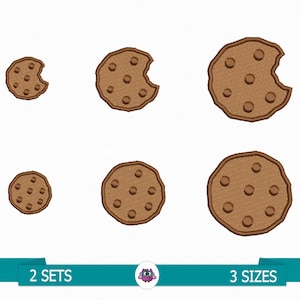 May include: Two sets of three different sized brown chocolate chip cookie embroidery designs. The cookies have a bite taken out of them.