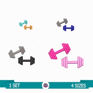 May include: A set of four different colored dumbbell embroidery designs. The dumbbells are in various sizes and colors, including gray, pink, blue, and black.