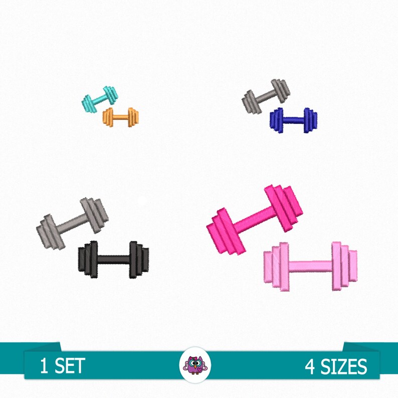 May include: A set of four different colored dumbbell embroidery designs. The dumbbells are in various sizes and colors, including gray, pink, blue, and black.