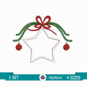 May include: White star-shaped applique with a red bow and green garland with red ornaments on each side.  The applique is for embroidery and comes in four sizes.