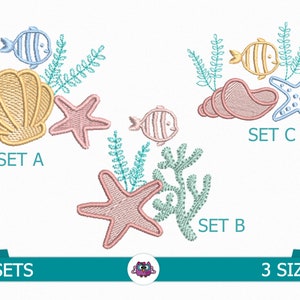 Ocean - fish, seashells, seaweed, starfish - digital embroidery file - beach embroidery - sea embroidery - summer embroidery