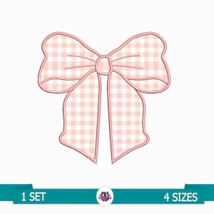 May include: A pink gingham bow with a white background. The bow is outlined in pink and has a gingham pattern. The bow is a digital embroidery design.